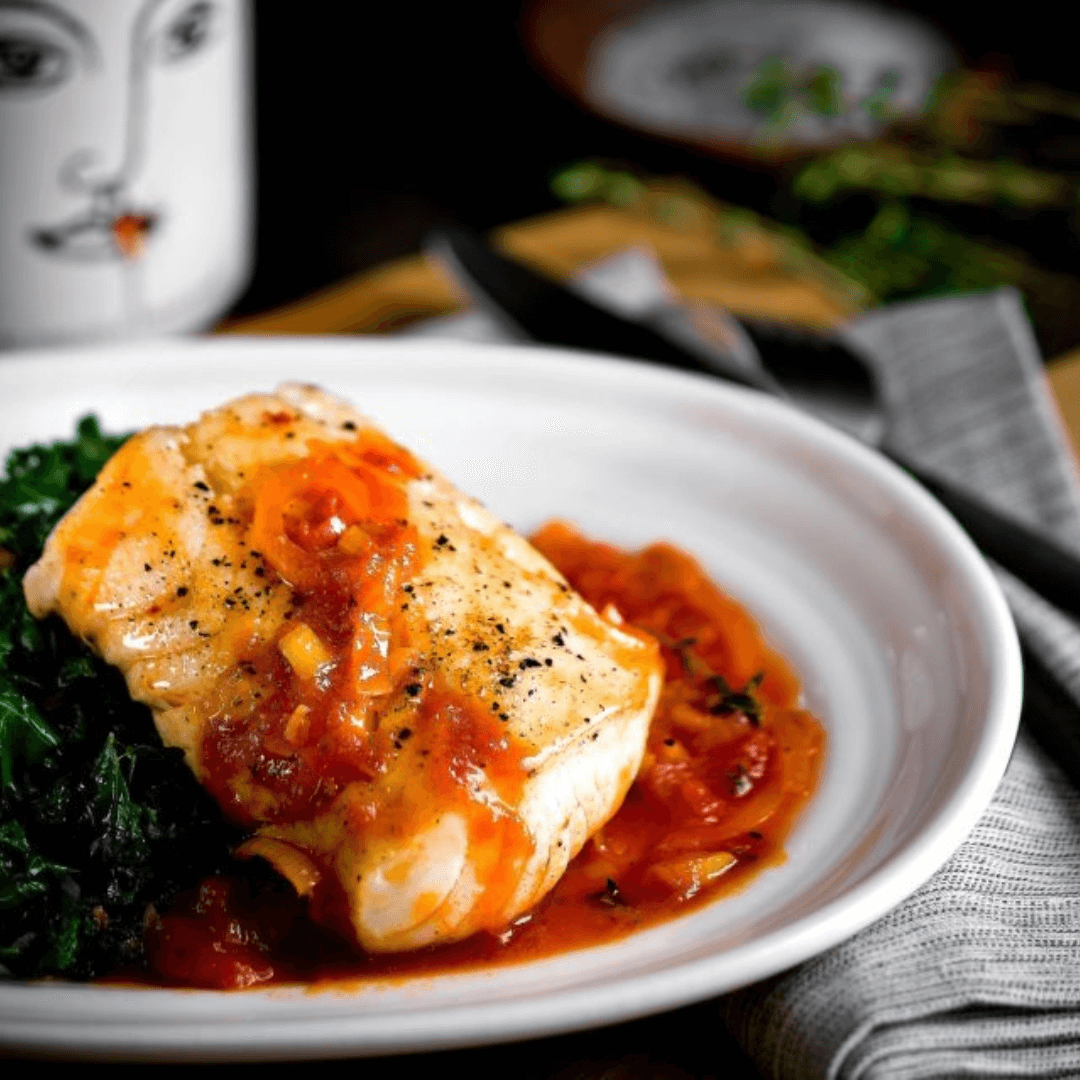 Halibut with Tomato Basil Sauce, Olives and Onions